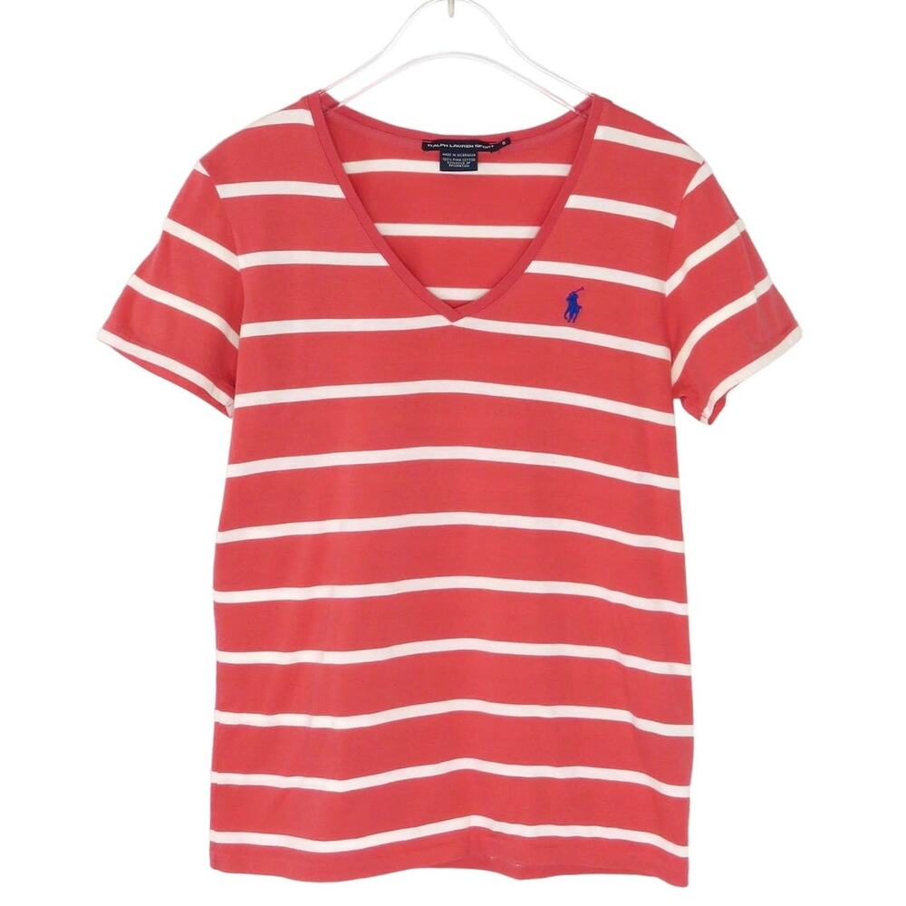 Vintage Ralph Lauren Red & White Striped V-Neck Short Sleeve T-Shirt Top Small